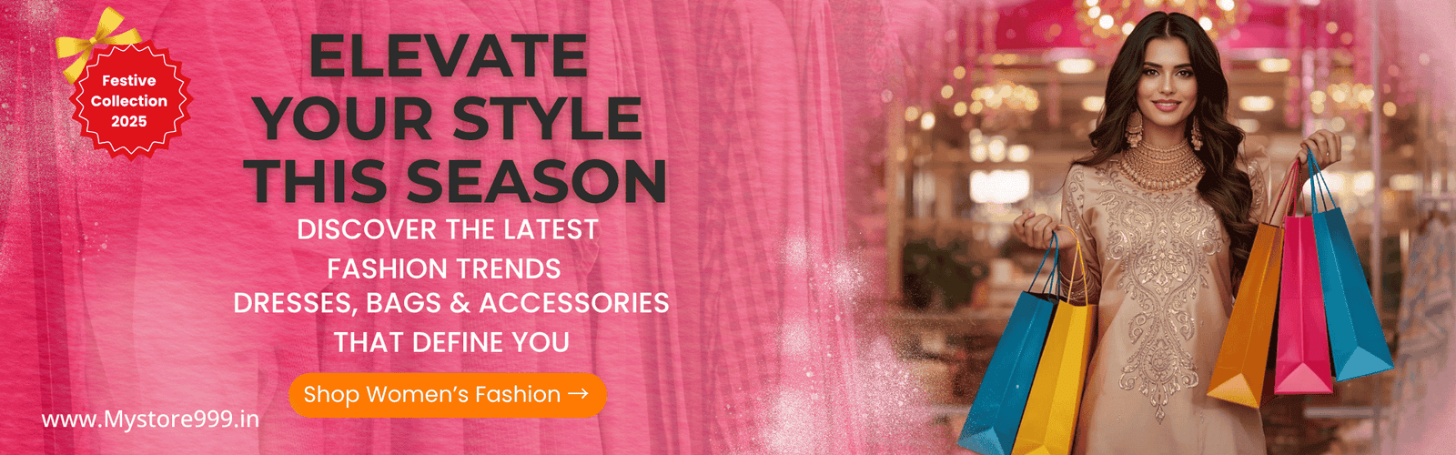 Diwali Dhamaka Sale banner with woman holding shopping bags, glowing diyas, and festive lights.