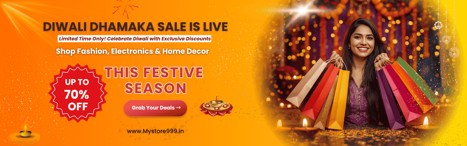 Diwali Dhamaka Sale banner with woman holding shopping bags, glowing diyas, and festive lights.