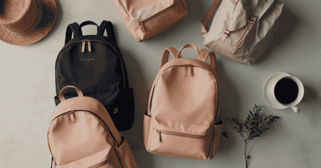 Stylish laptop backpacks for women in 2025 placed on desk with laptop and coffee cup